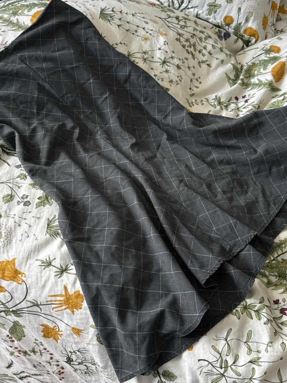 Charcoal Grid Print Mermaid Midi Skirt High Waist Minimal Neutral Bottom